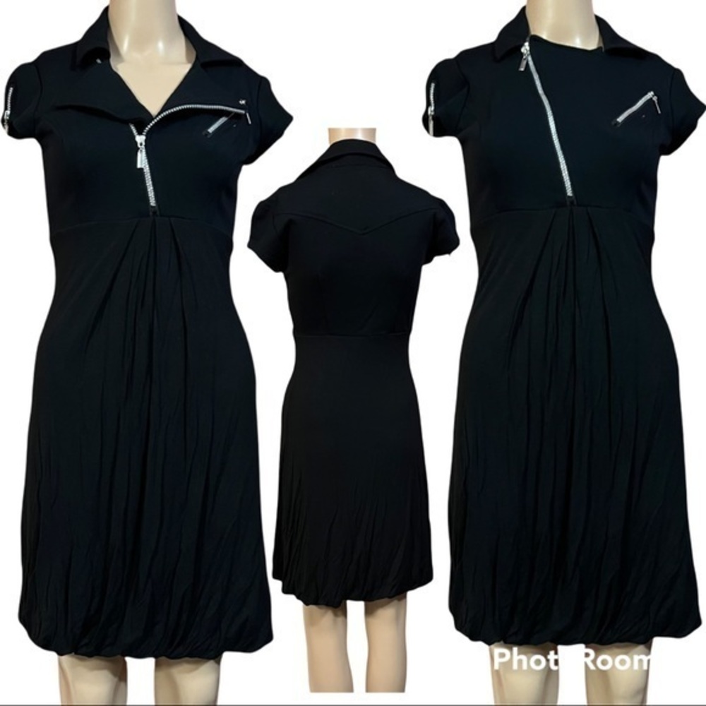 CACHE Vintage Y2K Grunge Tripp Goth Zippers Moto Bubble Black Dress 2